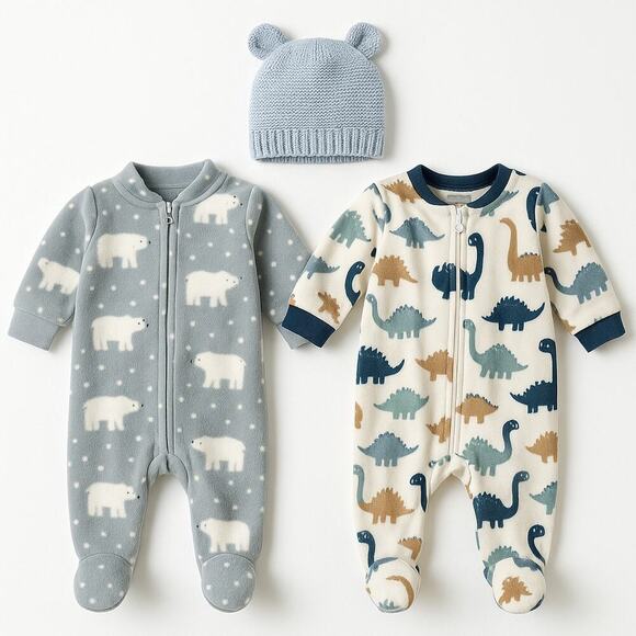 Infant 0–3M  Sleepers + Bear-Ear Knit Hat Gerber, Emily & Oliver, Rugged Bear - Picture 1 of 9